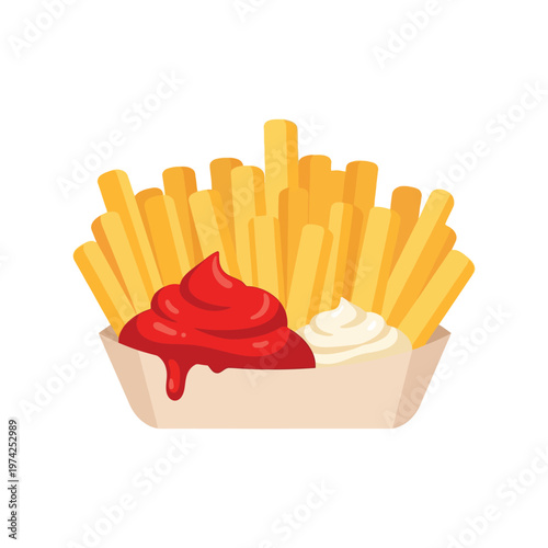 French fries with ketchup and mayonnaise in paper tray vector illustration isolated on white
