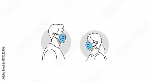 Line art of a man and woman wearing face masks on a white background