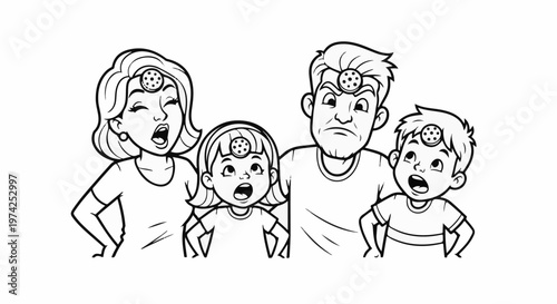 A family excitedly plays a game, wearing scoring devices on their foreheads