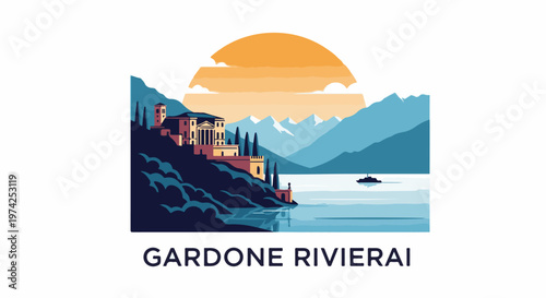 Stylized illustration of a grand villa overlooking a serene lake with distant mountains under a sunset sky