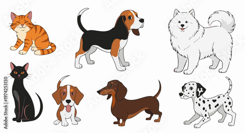 A vibrant collection of cartoon pets, featuring an orange tabby cat, black cat, beagle, dachshund, samoyed, and dalmatian