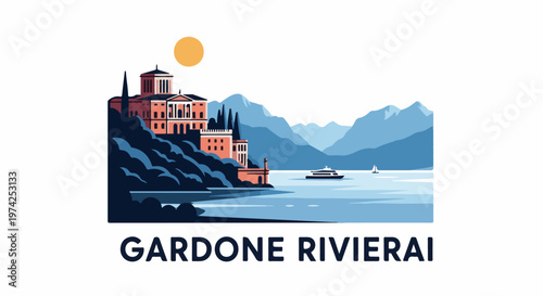 Italian lake scene with villa, mountains, boats, and sun