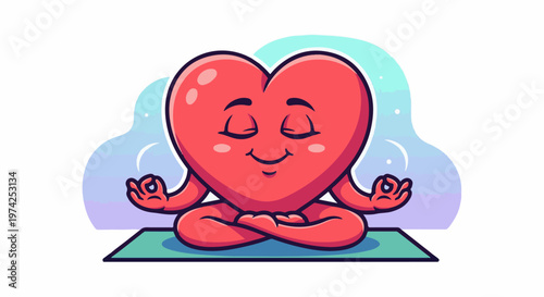 A cartoon heart character meditating peacefully on a yoga mat