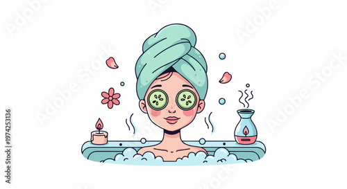 Woman relaxes in a bubble bath with cucumber eye masks, a lit candle, and aromatherapy diffuser