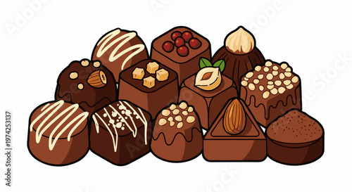 Assorted luxury chocolates with nuts, fruits, and drizzles