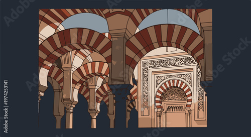 Ornate arches of a historic structure with Arabic script