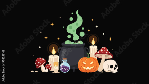 Spooky halloween scene with a boiling cauldron, carved jack-o-lantern, skull, poisonous mushrooms, and lit candles at night.