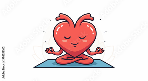 A cheerful red heart character meditates peacefully on a yoga mat, with subtle flower outlines behind