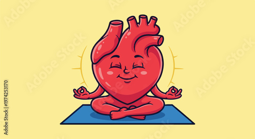 A cartoon heart meditates serenely on a yoga mat, radiating calm