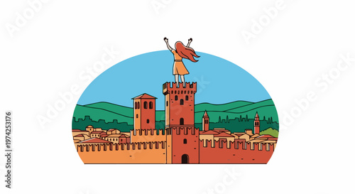 Joyful figure atop a medieval tower overlooking a charming Italian town