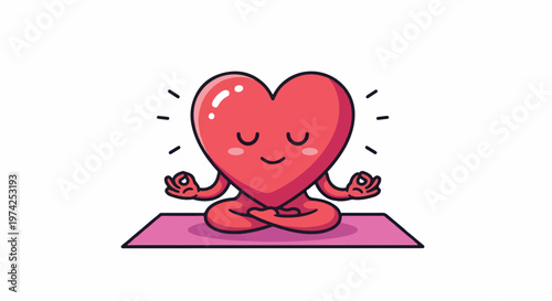 Cute cartoon heart character meditates peacefully on a pink yoga mat, eyes closed with a serene smile