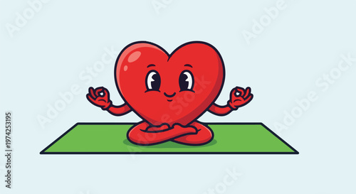 A cute red heart character is meditating in a lotus pose on a green yoga mat
