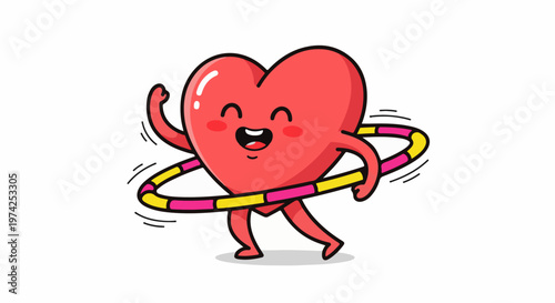 A cartoon red heart with a happy face twirls a hula hoop