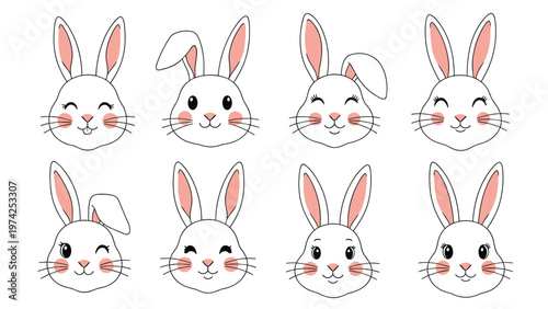 Collection of eight adorable bunny rabbit faces with various cute expressions and pink ears for festive easter designs.