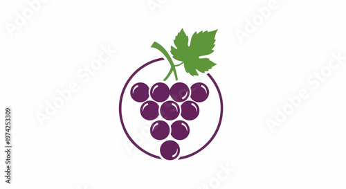 A minimalist graphic of a bunch of purple grapes with a green leaf