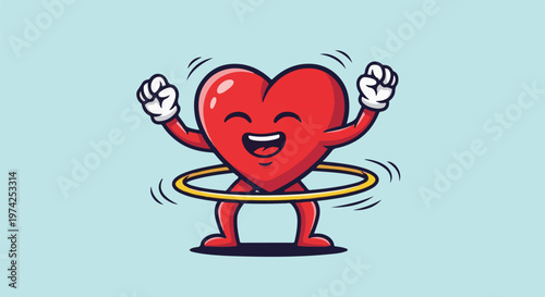 Cheerful cartoon heart character joyfully hula hooping with arms raised