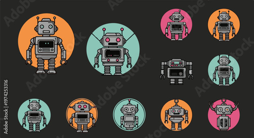 Collection of diverse cartoon robots with unique features and colorful circular backgrounds