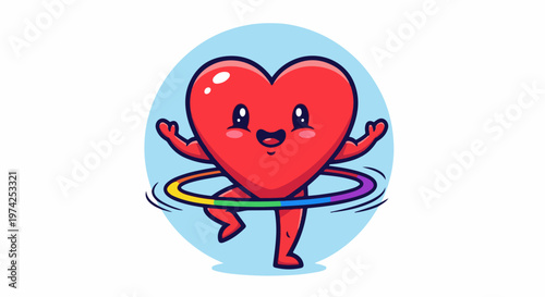 A cute heart character with arms and legs joyfully hula-hoops a rainbow ring