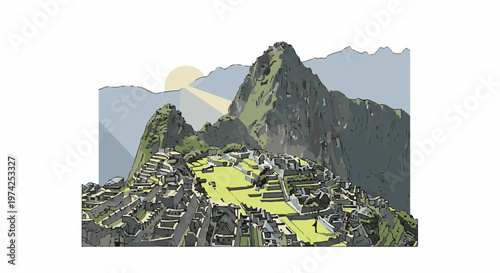 Ancient stone city nestled high in green, rugged mountains under a pale sun