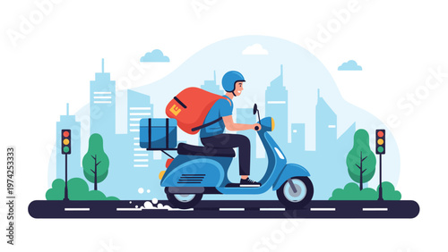 Food delivery man riding a blue motor scooter through a modern city with high buildings and traffic lights background.