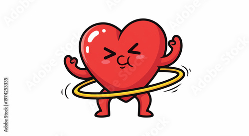 Cute cartoon heart character energetically hula-hooping with a yellow hoop
