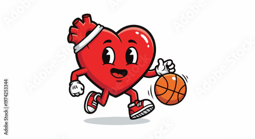 A cartoon heart with a headband dribbles a basketball, in motion