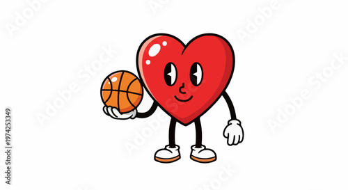 A cartoon red heart with a face, holding a basketball, stands on legs