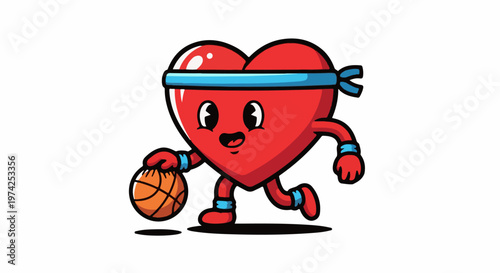 Red heart character with a blue headband and wristbands dribbles a basketball