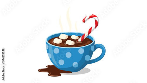 Blue polka dot mug filled with hot chocolate, melting marshmallows, and a red and white candy cane for winter treats.