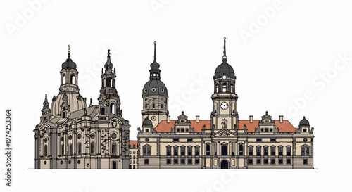 Ornate facade of a historic building with multiple domes and spires, featuring a clock tower
