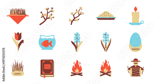 Nowruz holiday icons set, Persian New Year symbols collection, 15 flat vector elements for Haft-Sin celebration, spring equinox cultural illustrations