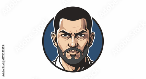 Stylized portrait of a determined man with a beard and mustache, within a blue circle
