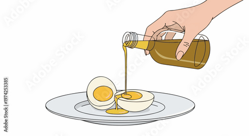 A hand pours golden liquid from a bottle onto sliced eggs on a plate