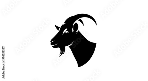Black goat head silhouette, minimalist mountain goat profile vector, farm animal mascot logo icon isolated on white background