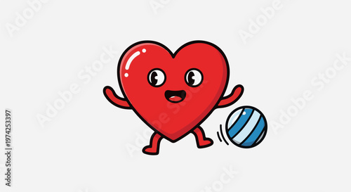 A cheerful, red cartoon heart character with arms and legs plays with a striped blue and white ball