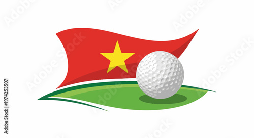 Golf ball on a green with a red and yellow star flag