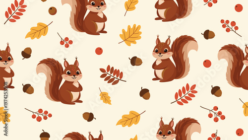 Seamless autumn pattern with cute brown squirrels, colorful fallen leaves, acorns, and red berries on a beige background.