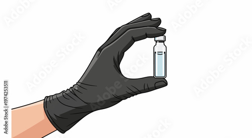 A black gloved hand holds a small vial containing clear liquid