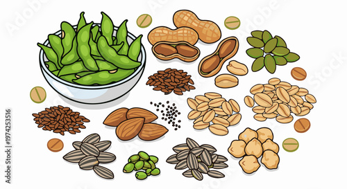 Assortment of various nuts, seeds, and grains displayed artistically against a plain white background