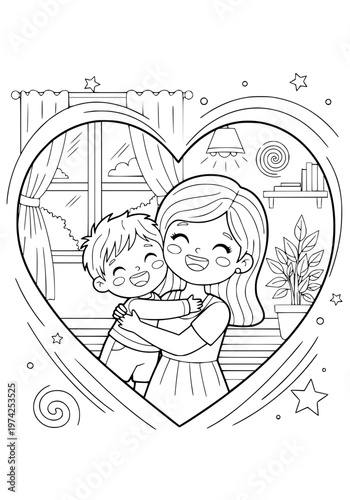 Happy mother and son hugging coloring page