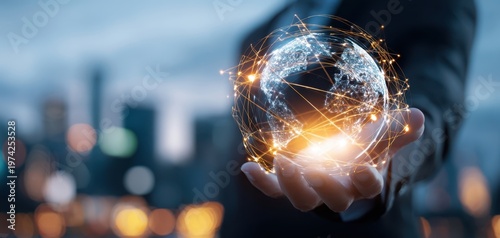 The Globe of Digital Connectivity in a Hand Over City Nightscape