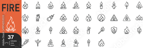 Fire In Modern Editable Thin Stroke Line Style Icons Set Collection Of Fire Related Icons Of Different Shapes And Sizes A Match, Fireplace, Forest Fire And More Isolated On Transparent Background