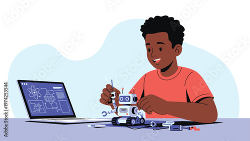 Enthusiastic young boy building a small white robot on a table while referencing instructions on his laptop computer.