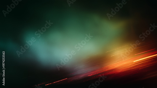 A moody abstract background features a mysterious, diffused blue-green light illuminating a dark textured space, dramatically offset by glowing diagonal streaks of vibrant orange and red.