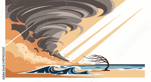 A powerful twister rips through a coastal landscape, creating chaos and destruction with flying debris and rough seas