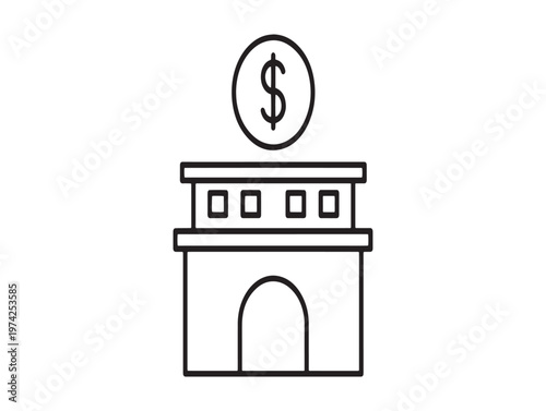 Simple line drawing of a bank building with a dollar sign above it
