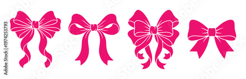 Pink ribbon bows vector set, decorative fuchsia satin bow collection, elegant 4 gift knot elements for wedding invitations and holiday greeting cards