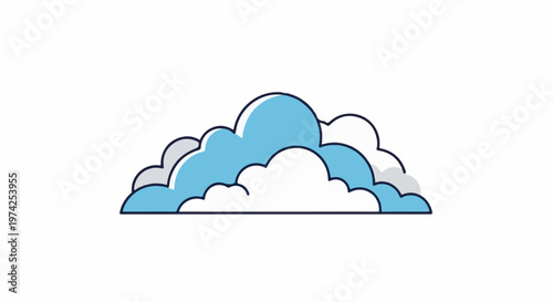 Stylized cartoon-like clouds in blue, white, and gray hues, against a plain white background