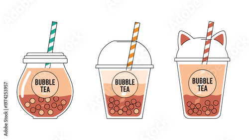 Set of three bubble tea drinks in different shaped plastic cups with striped straws and lids for cafe menu graphics.