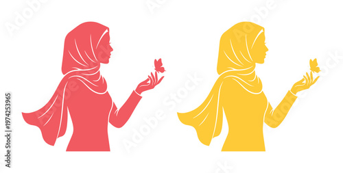 Muslim woman silhouette wearing hijab with butterfly, elegant middle eastern female profile vector, pink and yellow modest fashion icons